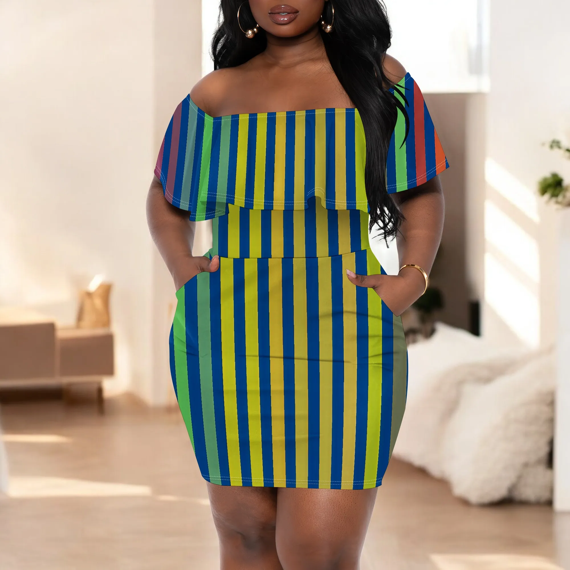 Color Stripe Off Shoulder Mini Dress S-3XL Women's Summer Vertical Stripe Pocket Dress for Vacation or Beach Party Look
Color Stripe Off Shoulder Mini Dress S-3XL Women's Summer Vertical Stripe Pocket Dress for Vacation or Beach Party Look