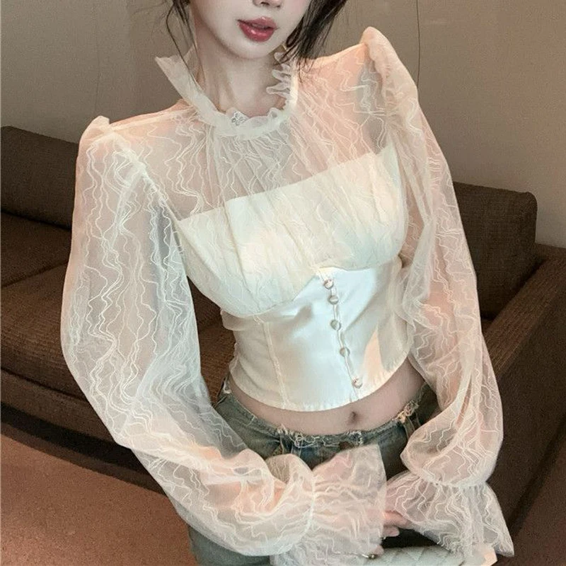 Women Korean Fashion Sexy See Through Mesh Patchwork Ruffle Blouses Y2K Bright Silk Sweet Chic Slim Solid Long Sleeve Crop Tops
Women Korean Fashion Sexy See Through Mesh Patchwork Ruffle Blouses Y2K Bright Silk Sweet Chic Slim Solid Long Sleeve Crop Tops