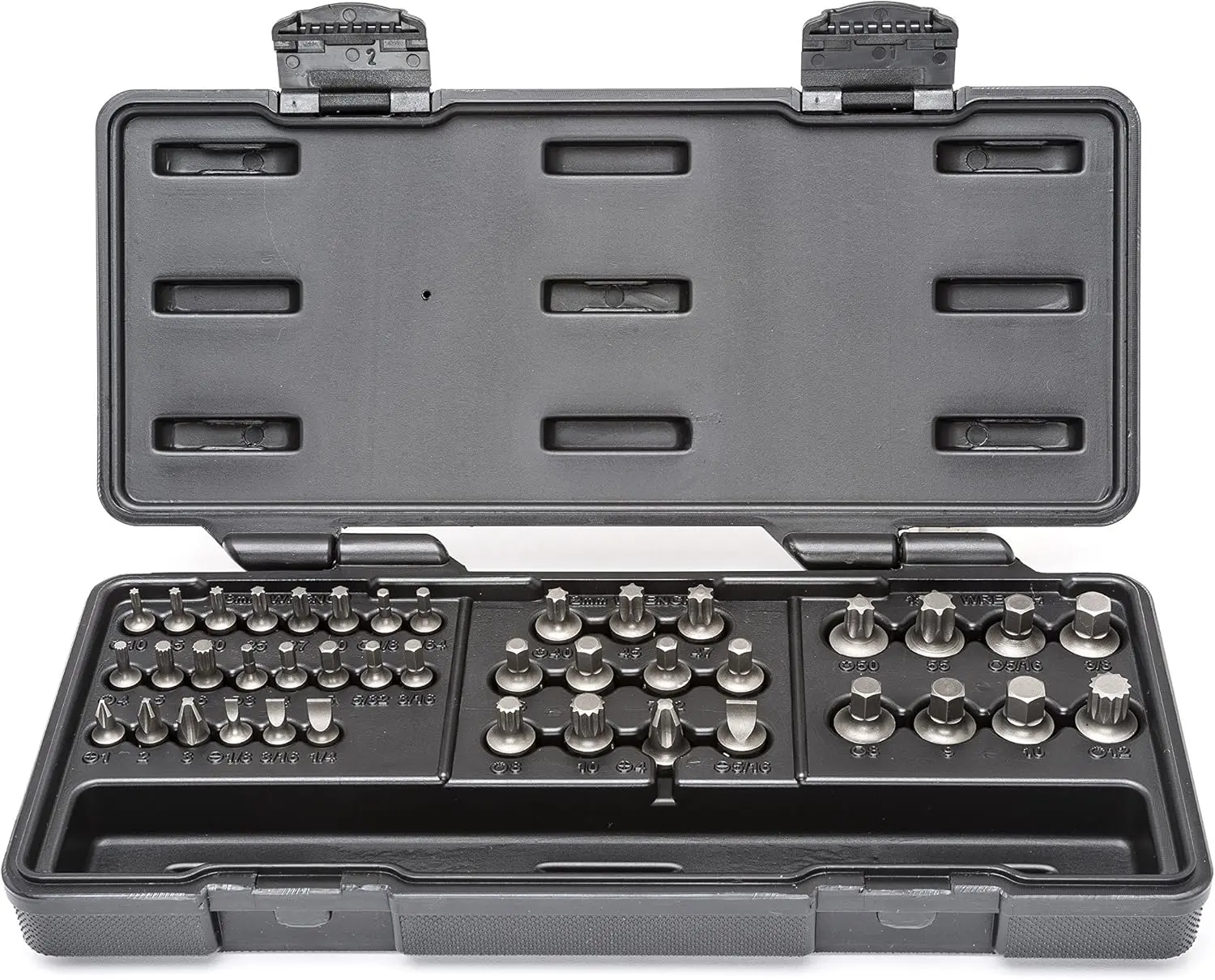 41 Pc. Phillips/Slotted/Torx/Hex/Triple Square Insert Bit Set for 6 & 12 Pt. Wrenches - 81602 , Black
41 Pc. Phillips/Slotted/Torx/Hex/Triple Square Insert Bit Set for 6 & 12 Pt. Wrenches - 81602 , Black