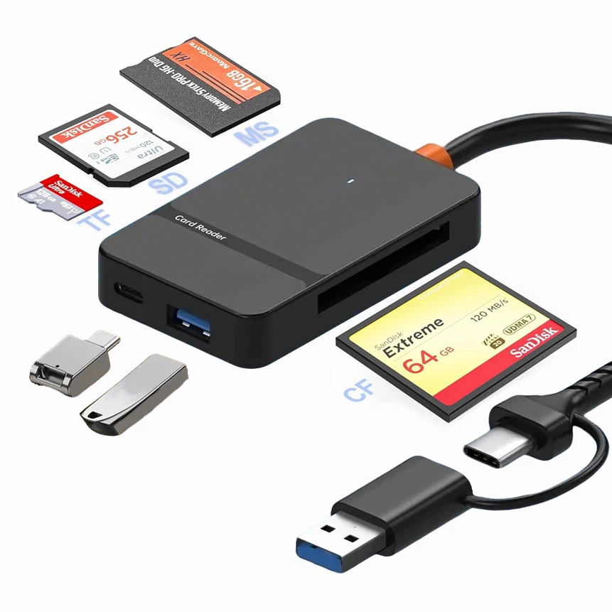 6-in-1 Memory Card Reader for SD/TF/CF/MS USB 3.0 OTG Adapter with Type-C&USB Dual Port for Desktop Laptop PC Digital Camera
6-in-1 Memory Card Reader for SD/TF/CF/MS USB 3.0 OTG Adapter with Type-C&USB Dual Port for Desktop Laptop PC Digital Camera