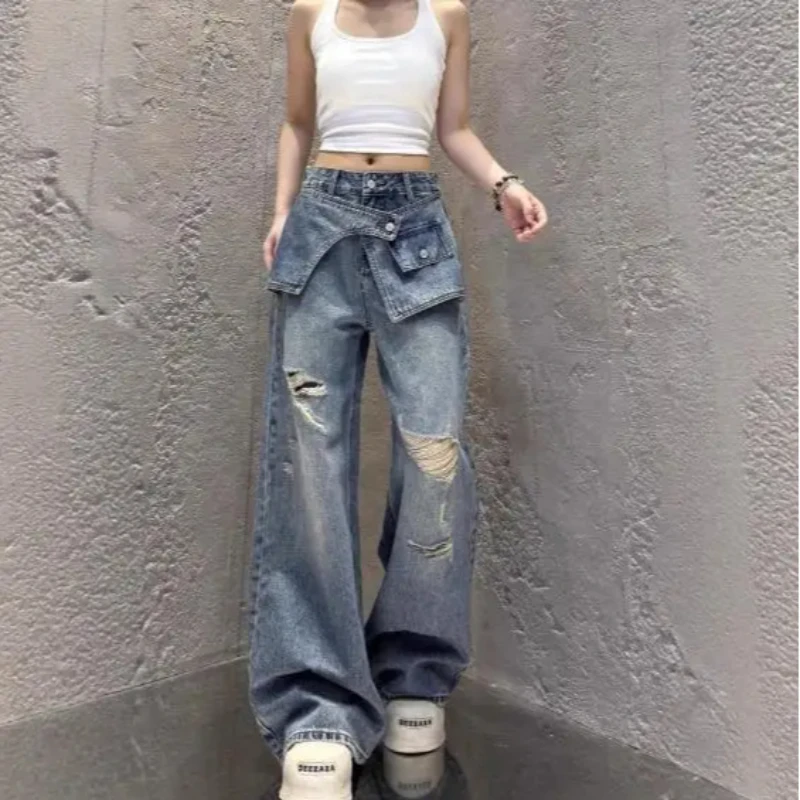 High Street Retro False Two-piece High Waisted Wide Leg Ripped Jeans Women Autumn Loose Straight Leg Casual Floor Length Pants
High Street Retro False Two-piece High Waisted Wide Leg Ripped Jeans Women Autumn Loose Straight Leg Casual Floor Length Pants