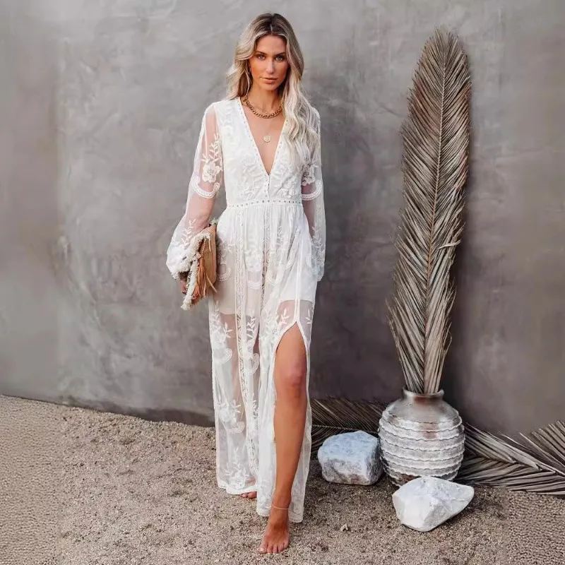 Women's Jumpsuit Fashion Dress Lace Long Sleeved V-neck Solid Color Chiffon Long Skirt Summer New Item
Women's Jumpsuit Fashion Dress Lace Long Sleeved V-neck Solid Color Chiffon Long Skirt Summer New Item