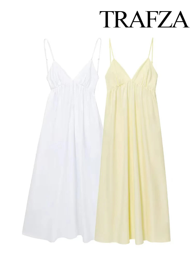 TRAFZA Women Summer Fashion Solid V-Neck Slim Pleated Midi Sling Dress Female Elegant Sexy Backless Beach Party Sleeveless Dress
TRAFZA Women Summer Fashion Solid V-Neck Slim Pleated Midi Sling Dress Female Elegant Sexy Backless Beach Party Sleeveless Dress