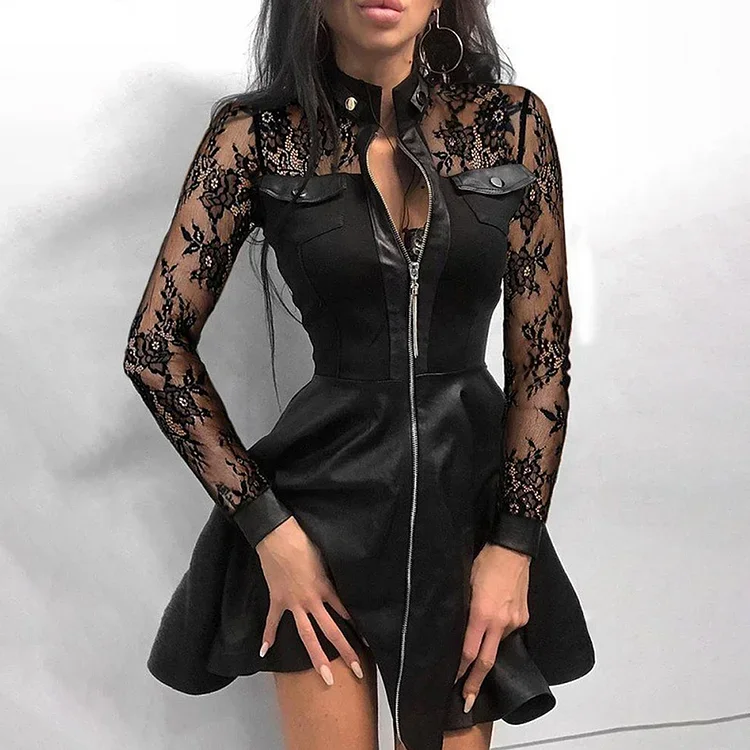Women Long Sleeve Zipper Pocket Slim Faux Leather Lace Mini Dress Women's Clothing Elegant Fashion Party Dress Vestidos
Women Long Sleeve Zipper Pocket Slim Faux Leather Lace Mini Dress Women's Clothing Elegant Fashion Party Dress Vestidos