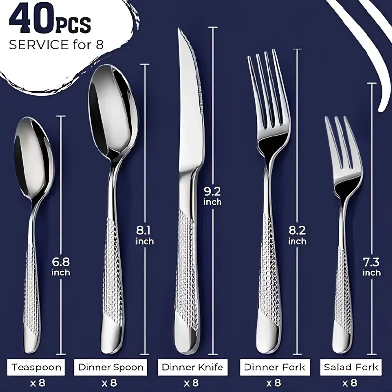 40-piece stainless steel cutlery and silverware set, premium stainless steel kitchenware set, includes knife, fork, spoon, desse
40-piece stainless steel cutlery and silverware set, premium stainless steel kitchenware set, includes knife, fork, spoon, desse