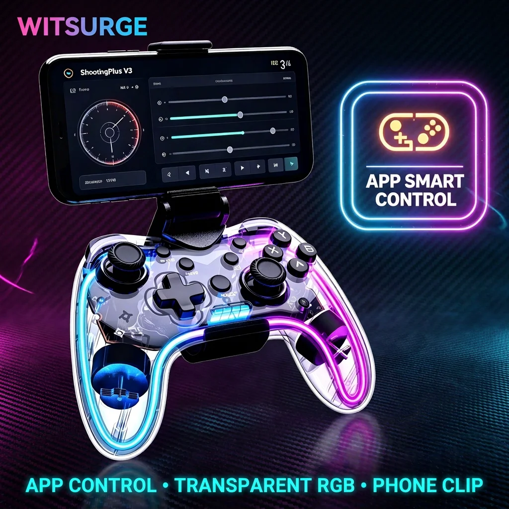 WITSURGE Wireless Game Controller PS4 PS3 Switch PC iOS Android Transparent RGB Bluetooth Gamepad APP Control Turbo Phone Clip
WITSURGE Wireless Game Controller PS4 PS3 Switch PC iOS Android Transparent RGB Bluetooth Gamepad APP Control Turbo Phone Clip