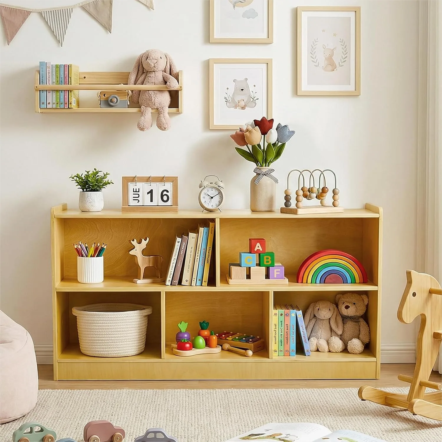 Montessori Shelf, Wooden Toy Storage Organizer with 2-Tier Shelf & 5-Section Cabinet, Kids Bookshelf for Toddler Playroom
Montessori Shelf, Wooden Toy Storage Organizer with 2-Tier Shelf & 5-Section Cabinet, Kids Bookshelf for Toddler Playroom