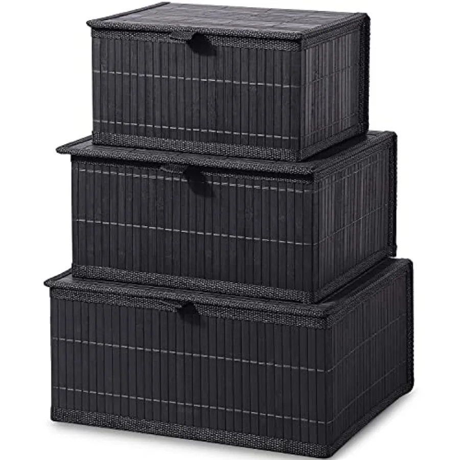 Bamboo Decorative Storage Boxes - Set of 3 Woven Lined Storage Basket with Lids Black Wicker Lidded Baskets for Home Kitchen Sh
Bamboo Decorative Storage Boxes - Set of 3 Woven Lined Storage Basket with Lids Black Wicker Lidded Baskets for Home Kitchen Sh