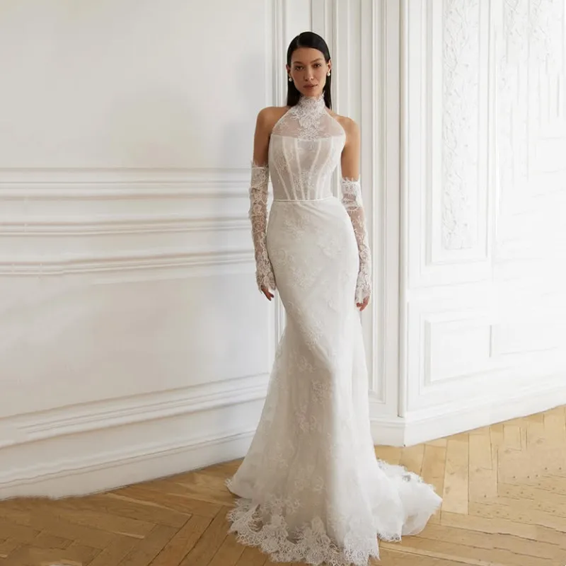 Customized Lace Appliques Mermaid Wedding Dresses Simple Halter Sleeveless Bridal Gown Sexy Open Back Long Train Vestidos 2026
Customized Lace Appliques Mermaid Wedding Dresses Simple Halter Sleeveless Bridal Gown Sexy Open Back Long Train Vestidos 2026