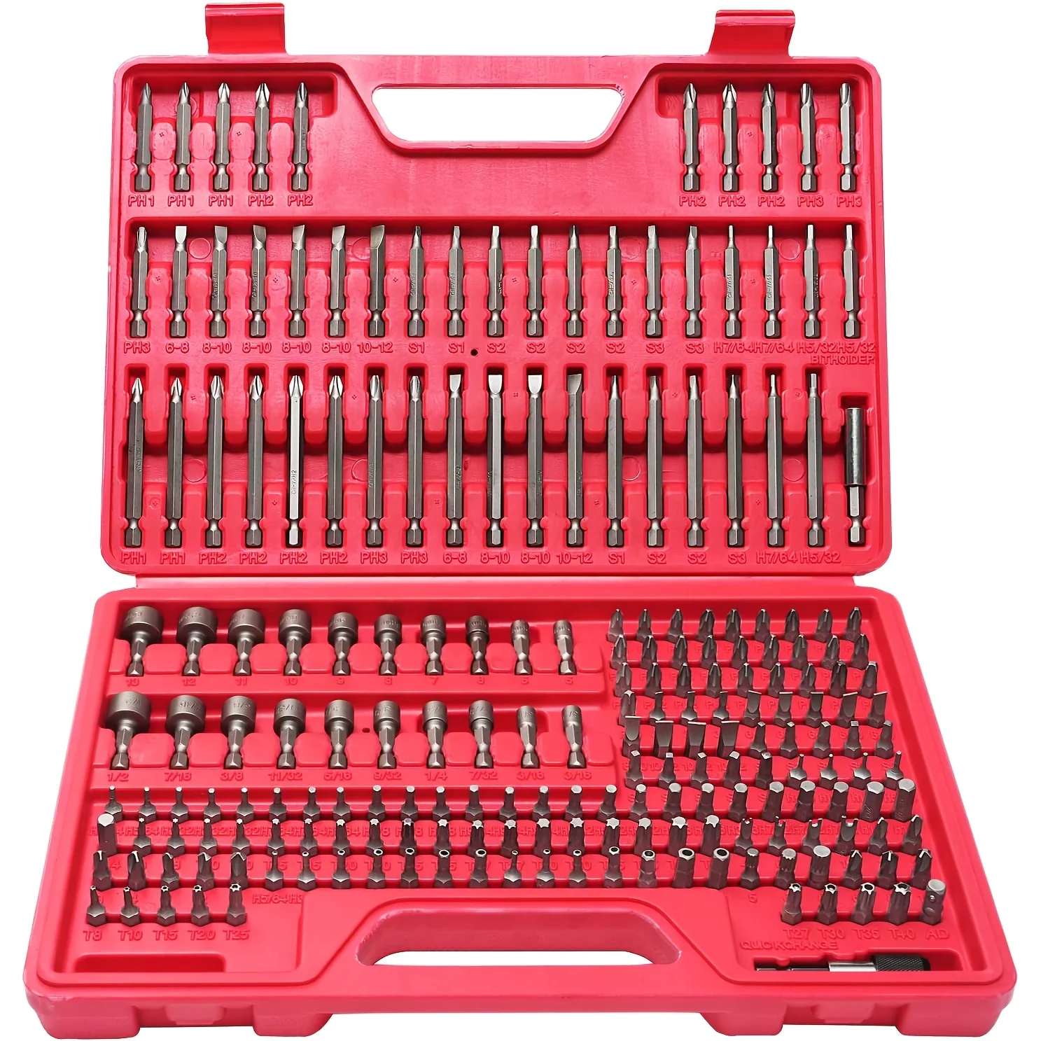 208pcs Of Screwdriver Bit Kit, Impact Bit Kit, High-carbon Steel Drill Bit Kit, with Safety Drill Bit, Nut Driver, Torx, Slotting, Phillips, Square, Hexagonal, Sleeve, Toolbox
208pcs Of Screwdriver Bit Kit, Impact Bit Kit, High-carbon Steel Drill Bit Kit, with Safety Drill Bit, Nut Driver, Torx, Slotting, Phillips, Square, Hexagonal, Sleeve, Toolbox