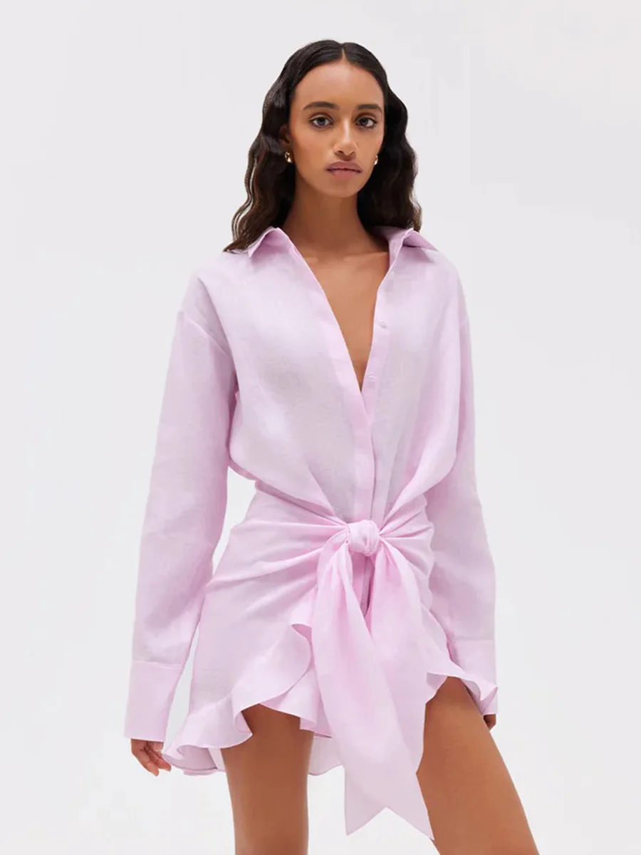 Bornladies 2026 Summer Women's Resort Lazy Style Shirt Dress Solid Color Tie Front Collared Bodycon Summer Dress 213 S8991da0301ae498384ecd9bc5ceca4e5T