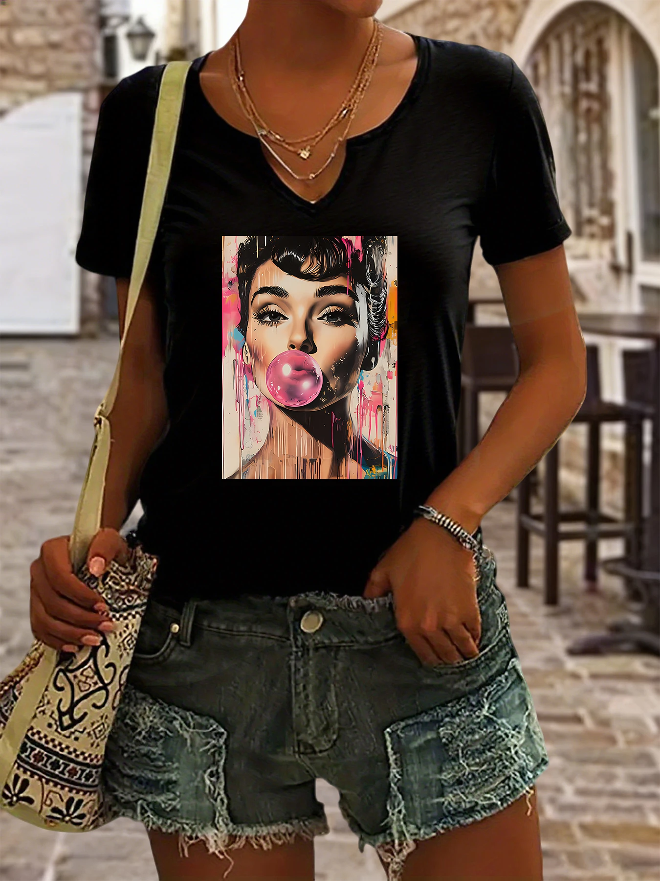Women's Summer V-Neck Short Sleeve T-Shirt, Pop Art Bubble Gum Woman Print, Retro Graffiti Style Casual Fashion Top
Women's Summer V-Neck Short Sleeve T-Shirt, Pop Art Bubble Gum Woman Print, Retro Graffiti Style Casual Fashion Top