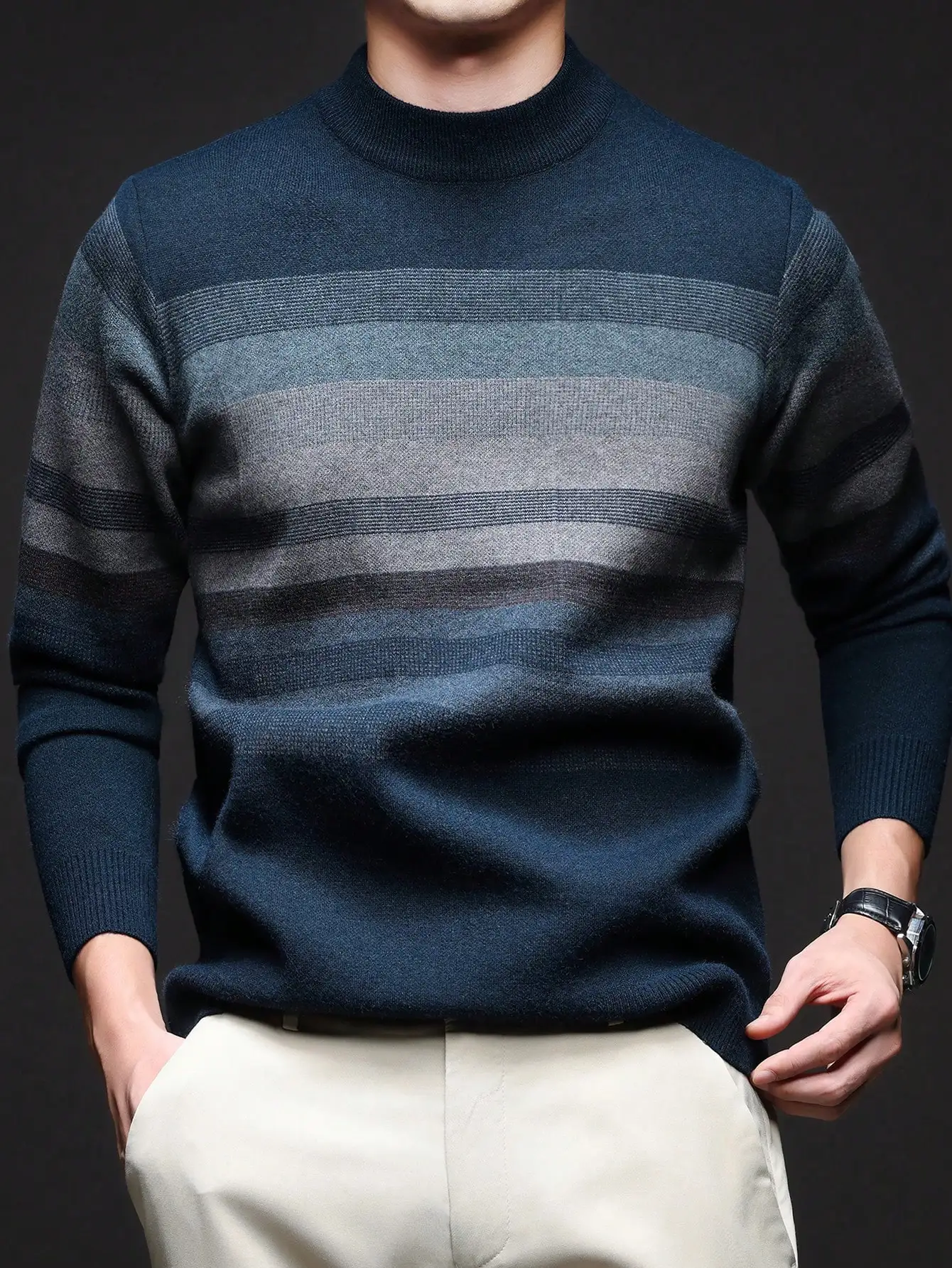 Navy Blue Men's Horizontal Stripe Crew Neck Knit Sweater, Casual Winter Long Sleeve Top
Navy Blue Men's Horizontal Stripe Crew Neck Knit Sweater, Casual Winter Long Sleeve Top