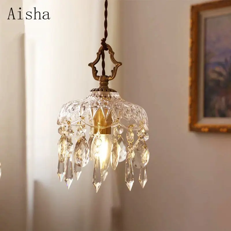 French Brass Pendant Lamp Retro Crystal Hanging Light for Home Entrance Corridor Balcony Bedside Porch Bar Glass Chandelier
French Brass Pendant Lamp Retro Crystal Hanging Light for Home Entrance Corridor Balcony Bedside Porch Bar Glass Chandelier