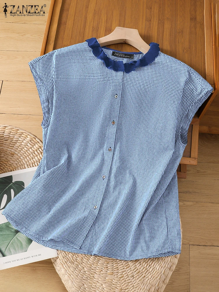 2025 ZANZEA Women Summer Cap Sleeve Tops Tunic Plaid Blouse Fashion Ruffle Collar Shirts Fashion Casual Loose Korean Chic Blusas
2025 ZANZEA Women Summer Cap Sleeve Tops Tunic Plaid Blouse Fashion Ruffle Collar Shirts Fashion Casual Loose Korean Chic Blusas