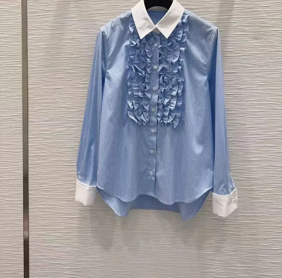 French style blue and white striped contrasted ruffled edge blouse for women - elegant and versatile loose top
French style blue and white striped contrasted ruffled edge blouse for women - elegant and versatile loose top