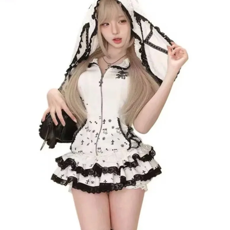 Japanese Sweet JK Kawaii 2 Piece Set Girl Zipper Hooded Tops + Short Cake Skirt New Fashion Lace Patchwork Cute Suit Summer 2025
Japanese Sweet JK Kawaii 2 Piece Set Girl Zipper Hooded Tops + Short Cake Skirt New Fashion Lace Patchwork Cute Suit Summer 2025