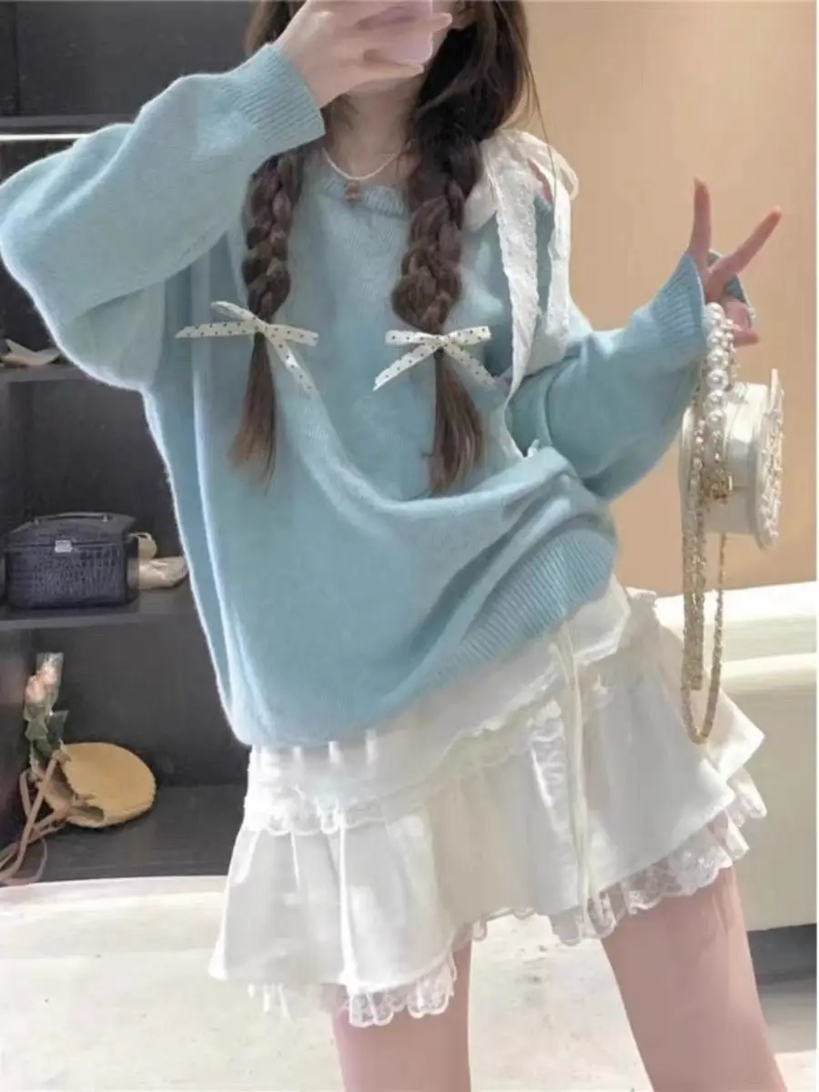 Women Blue Pullover Knitted Sweater Harajuku Y2k Long Sleeves Bow Soft Sweater Jumper Vintage 2000s 90s Aesthetic Autumn Clothes
Women Blue Pullover Knitted Sweater Harajuku Y2k Long Sleeves Bow Soft Sweater Jumper Vintage 2000s 90s Aesthetic Autumn Clothes