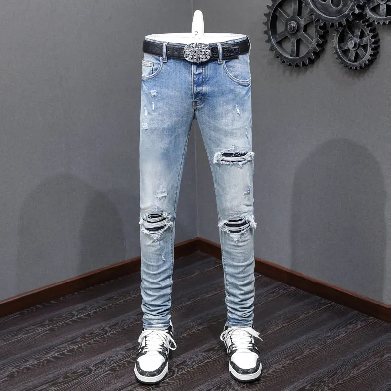 Designer High Street Fashion New Light Blue Men's Jeans Stretch Slim Fit Splice Leather Jeans Hip Hop Brand Pants Hombre
Designer High Street Fashion New Light Blue Men's Jeans Stretch Slim Fit Splice Leather Jeans Hip Hop Brand Pants Hombre