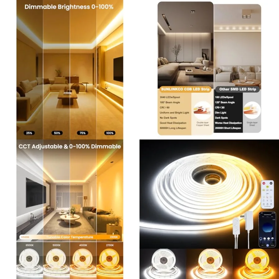 COB LED Strip Light, Dimmable 2300K-6500K White CCT Tunable, DC 24V Cuttable LED Tape Light, High Density 6080 LED 48W CRI 90,
COB LED Strip Light, Dimmable 2300K-6500K White CCT Tunable, DC 24V Cuttable LED Tape Light, High Density 6080 LED 48W CRI 90,