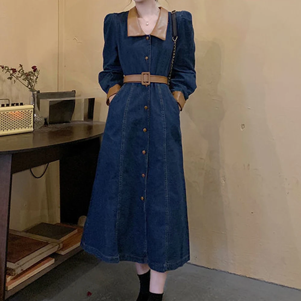 Autumn gentle wear with waist pinch dress large size thin waist long sleeve top denim skirt medium and long
Autumn gentle wear with waist pinch dress large size thin waist long sleeve top denim skirt medium and long