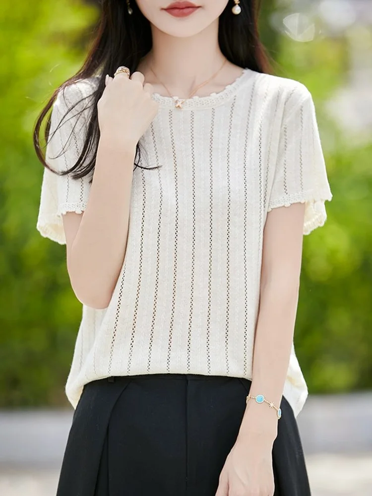 Women's round Neck Short Sleeve Knitted Shirt Soft Spun Hollow out Texture Commute Base Top Artistic Style Standard Fit T-Shirt
Women's round Neck Short Sleeve Knitted Shirt Soft Spun Hollow out Texture Commute Base Top Artistic Style Standard Fit T-Shirt