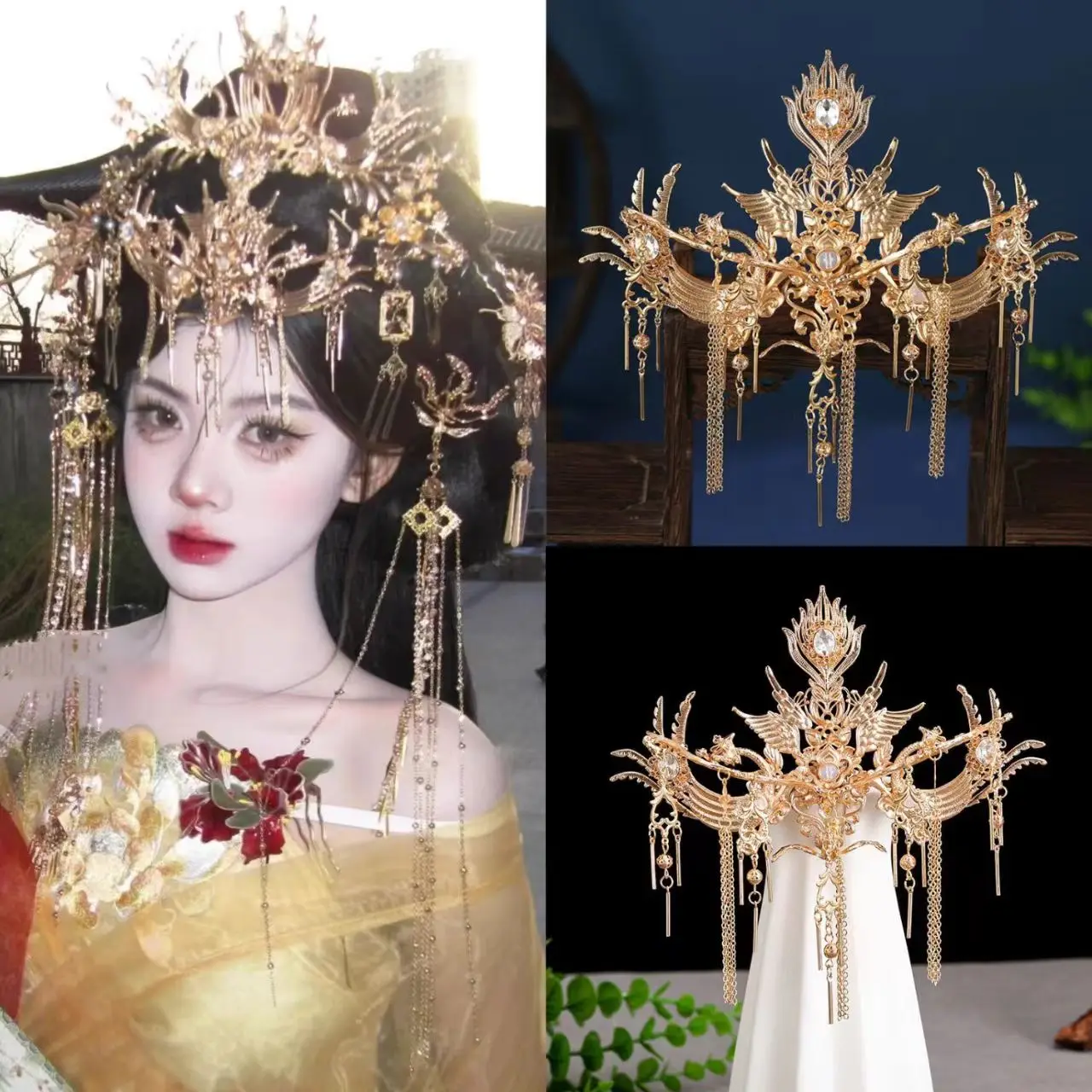 Oriental Retro Carved Phoenix Hair Crown Luxury Tassel Headwear Rhinestone Inlaid Ancient Chinese Queen Hair Jewelry for Weddin
Oriental Retro Carved Phoenix Hair Crown Luxury Tassel Headwear Rhinestone Inlaid Ancient Chinese Queen Hair Jewelry for Weddin