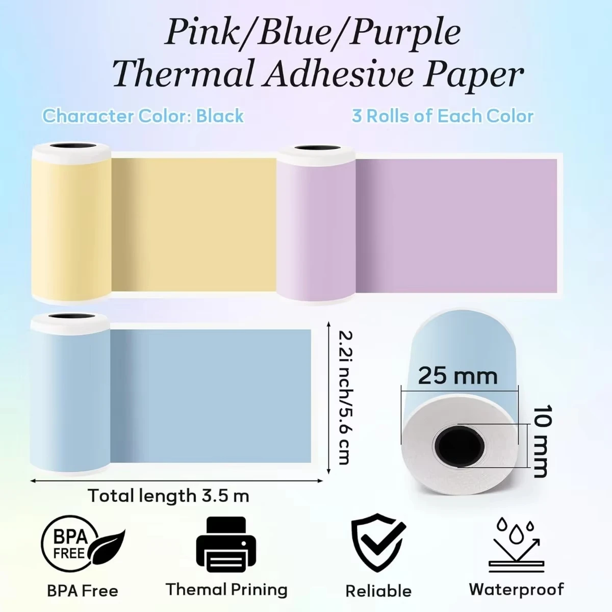 3 Rolls 57x30mm Yellow/Blue/Pink Thermal Refill Rolls for Portable Printers, BPA-Free
3 Rolls 57x30mm Yellow/Blue/Pink Thermal Refill Rolls for Portable Printers, BPA-Free