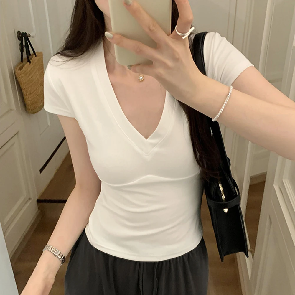 Women's Summer Solid V-Neck Short Sleeve T-Shirts Ladies Fashion All-match Hot Girl Tops Solid Color T Shirt Elastic Tees
Women's Summer Solid V-Neck Short Sleeve T-Shirts Ladies Fashion All-match Hot Girl Tops Solid Color T Shirt Elastic Tees
