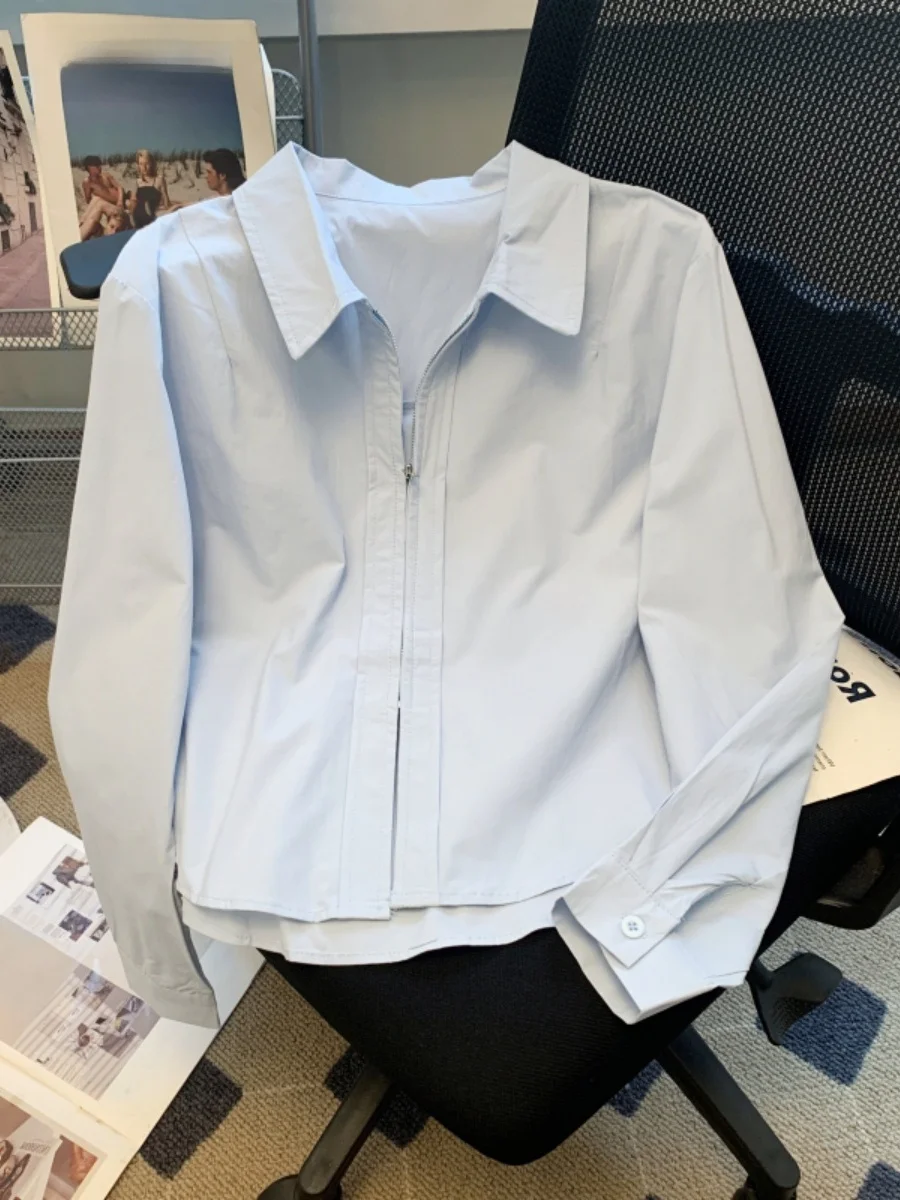 Blue Zipper Long Sleeve Shirt Women's Spring Slim Short Top Loose Fit Pure Color Cotton 100% Button down Shirt
Blue Zipper Long Sleeve Shirt Women's Spring Slim Short Top Loose Fit Pure Color Cotton 100% Button down Shirt