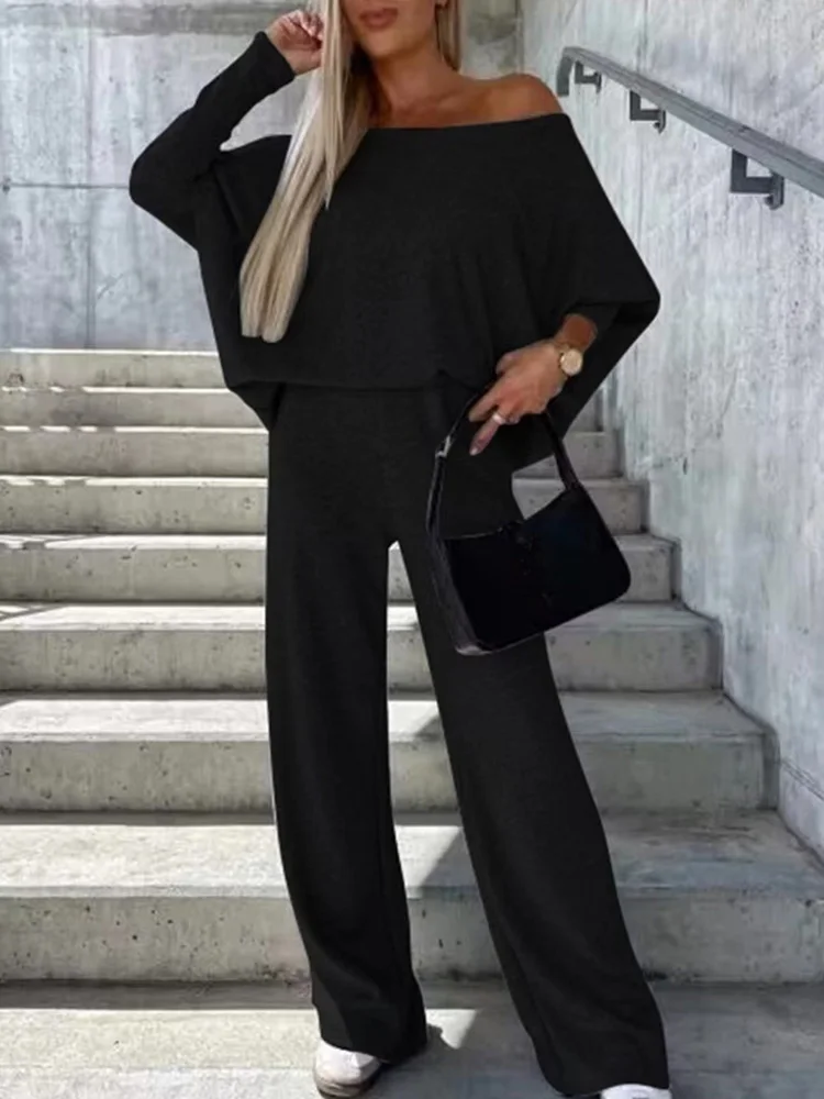 Skew Collar Fashion Loungewear Outfit, Women Autumn Winter Two Pieces Solid Matching Sets, Loose Long Sleeve Pullover Top Suits
Skew Collar Fashion Loungewear Outfit, Women Autumn Winter Two Pieces Solid Matching Sets, Loose Long Sleeve Pullover Top Suits