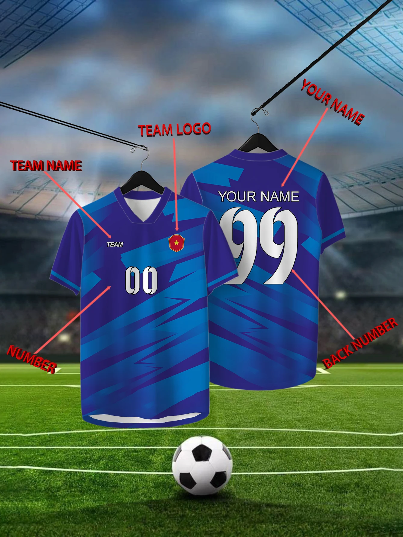 Customized Geometric Blue Short Sleeved Shirt with Team Name, Emblem, Name and Number, Outdoor Sports Short Sleeved T-shirt 
Customized Geometric Blue Short Sleeved Shirt with Team Name, Emblem, Name and Number, Outdoor Sports Short Sleeved T-shirt