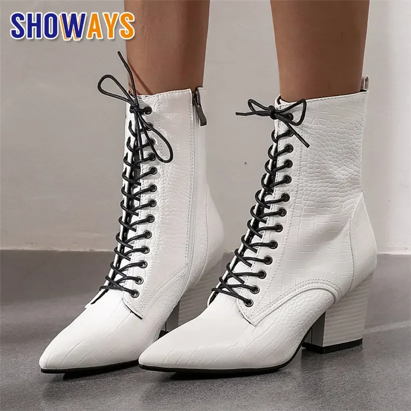 Winter Women Ankle Boots White Red Faux Crocodile Leather High Block Heels Office Ladies Lace Up Pointed Toe Zipper Short Boots
Winter Women Ankle Boots White Red Faux Crocodile Leather High Block Heels Office Ladies Lace Up Pointed Toe Zipper Short Boots