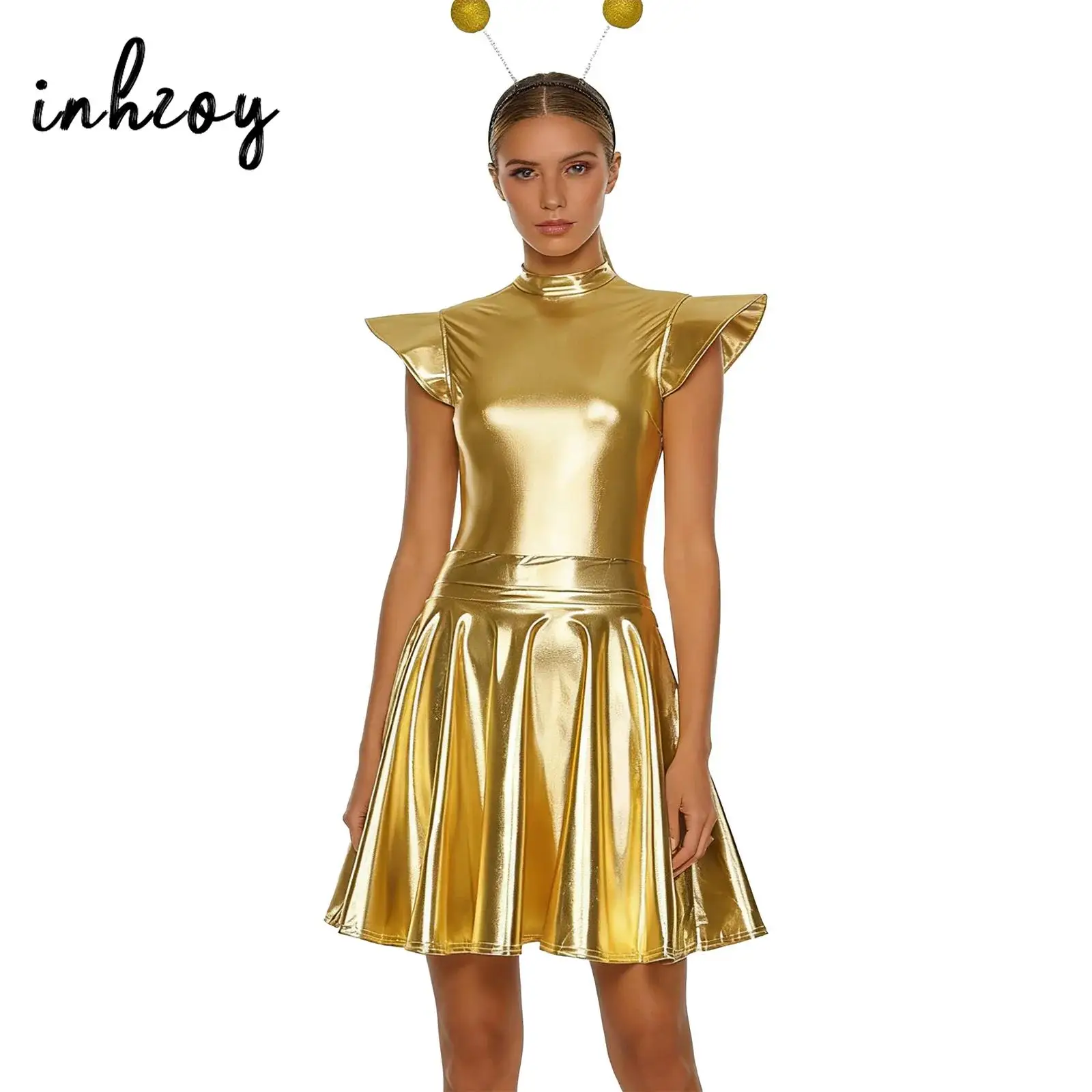 Womens Metallic Shiny Halloween Costume Suit Fly Sleeve Mock Neck Back Zipper Bodysuit+High Waist Pleated Skirt+Headwear Set
Womens Metallic Shiny Halloween Costume Suit Fly Sleeve Mock Neck Back Zipper Bodysuit+High Waist Pleated Skirt+Headwear Set