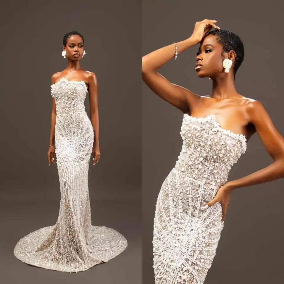 Fashion Strapless Beaded Prom Dresses Elegant Sleeveless Pearls Evening Dress Floor Length Party Gown Customized
Fashion Strapless Beaded Prom Dresses Elegant Sleeveless Pearls Evening Dress Floor Length Party Gown Customized