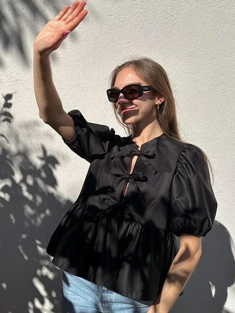 Soild Short Puff Sleeve Blouse For Women 2024 Summer Folds Round Neck Bow Lace Up Shirts Elegant Office Lady Street Chic Tops
Soild Short Puff Sleeve Blouse For Women 2024 Summer Folds Round Neck Bow Lace Up Shirts Elegant Office Lady Street Chic Tops