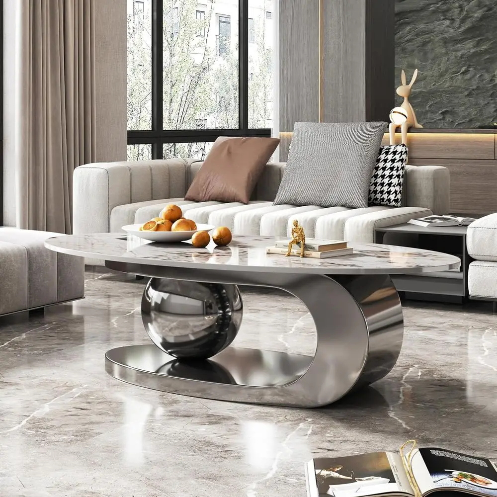 Luxurious Oval Marble Coffee Table with Sintered Stone Top and Silver Stainless Steel Base
Luxurious Oval Marble Coffee Table with Sintered Stone Top and Silver Stainless Steel Base