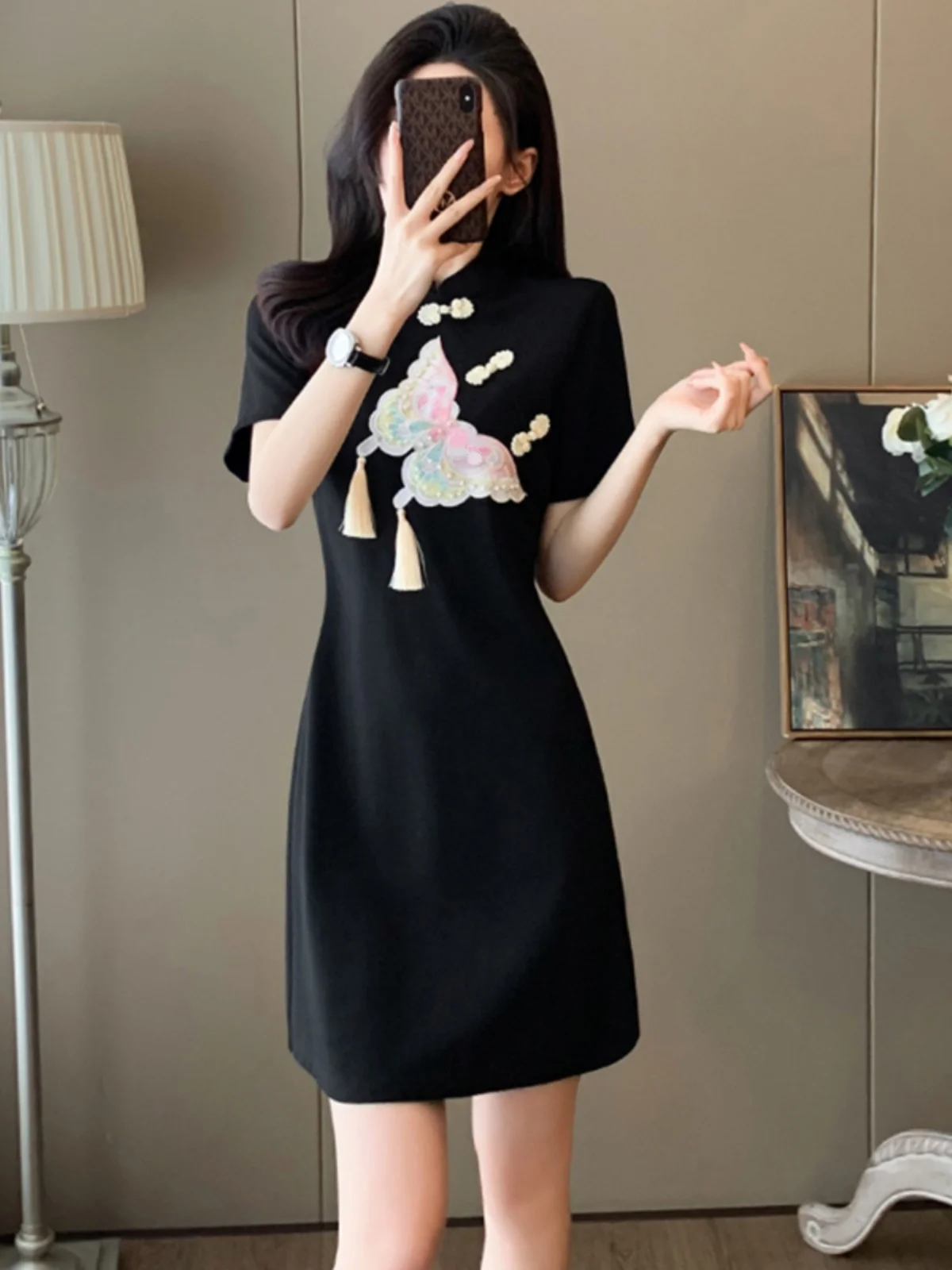 New 2026 Black Short Sleeve Women's Dress Waist-Cinching High-Rise Chinese Style Dress Stand Collar Button Detail Summer
New 2026 Black Short Sleeve Women's Dress Waist-Cinching High-Rise Chinese Style Dress Stand Collar Button Detail Summer