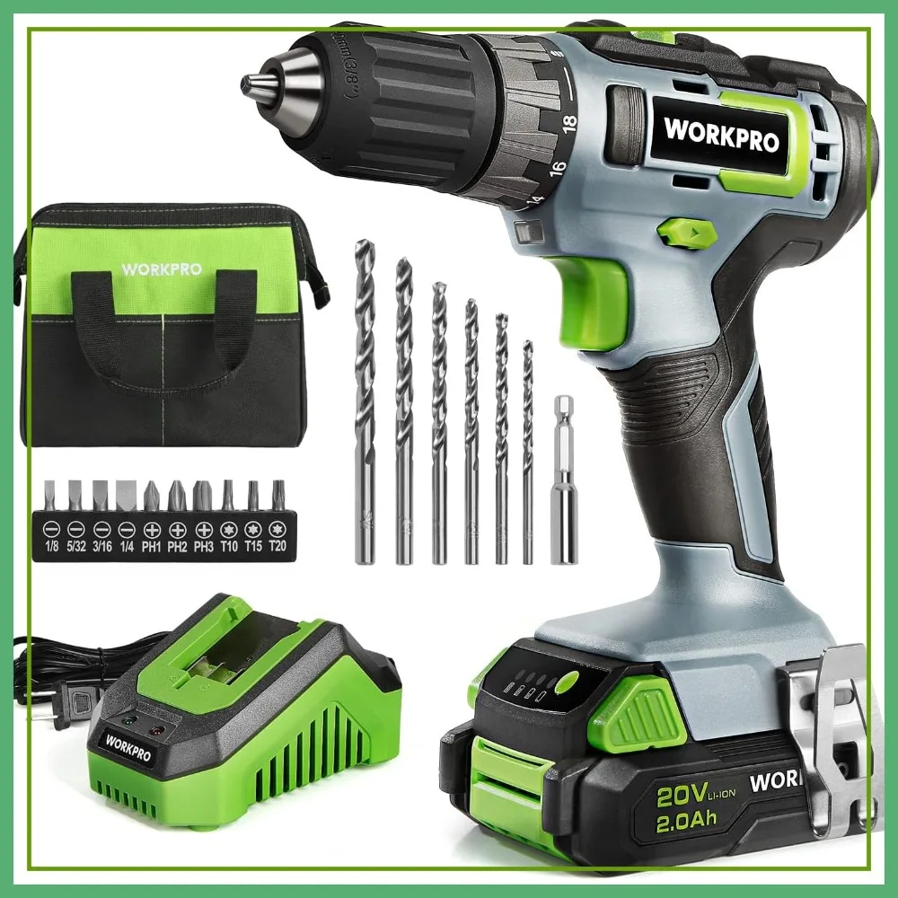 20V Cordless Drill Driver Kit, 3/8'' Keyless Chuck, 2.0Ah Li-ion Battery, Fast Charger & Storage Bag
20V Cordless Drill Driver Kit, 3/8'' Keyless Chuck, 2.0Ah Li-ion Battery, Fast Charger & Storage Bag