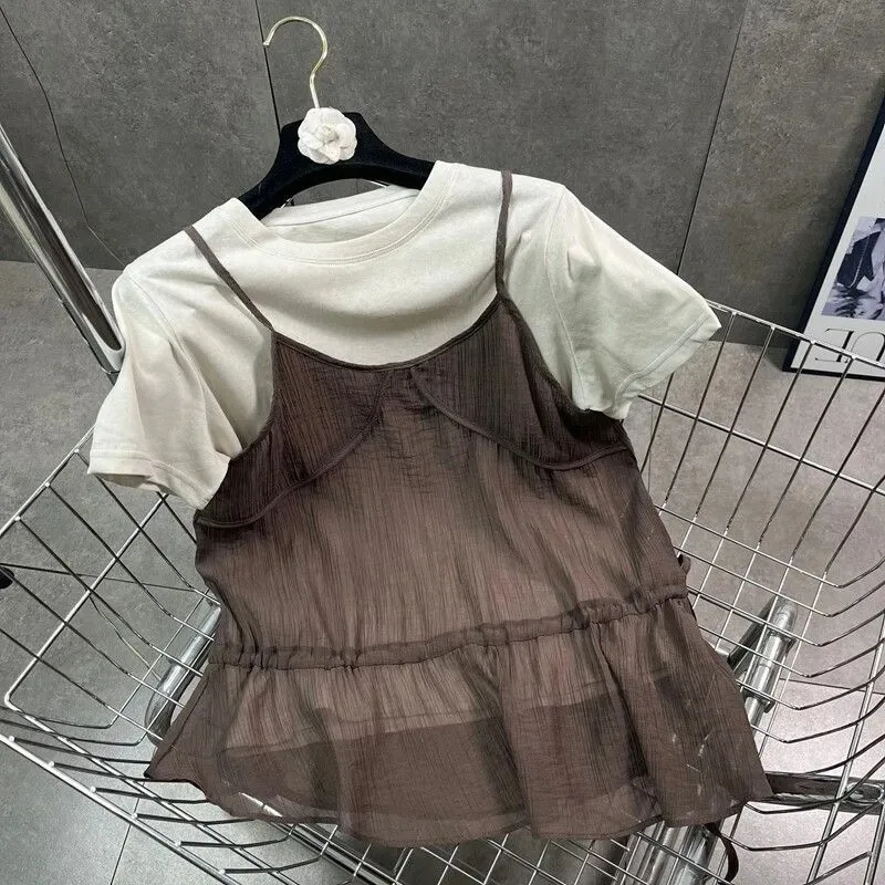 Two Piece Outfit Solid Short Sleeve Tee Ruffled Chiffon Cami Casual Daily Top
Two Piece Outfit Solid Short Sleeve Tee Ruffled Chiffon Cami Casual Daily Top