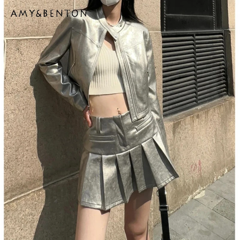 American Retro Silver Sweet Cool Hot Girl Women's Leather Coat Autumn New High Waist Slimming Pleated Skirt 2-Piece Set Ladies
American Retro Silver Sweet Cool Hot Girl Women's Leather Coat Autumn New High Waist Slimming Pleated Skirt 2-Piece Set Ladies