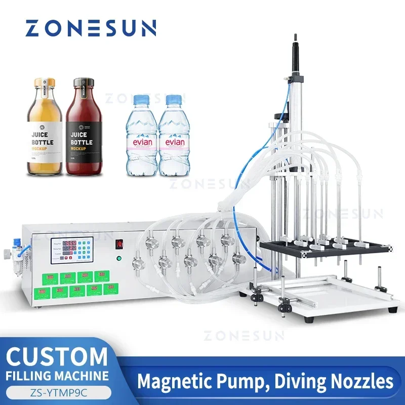 ZONESUN Custom Liquid Filling Machine Diving Nozzle 9 Heads Magnetic Pump Pneumatic Drinks Beverage Production ZS-YTMP9C
ZONESUN Custom Liquid Filling Machine Diving Nozzle 9 Heads Magnetic Pump Pneumatic Drinks Beverage Production ZS-YTMP9C