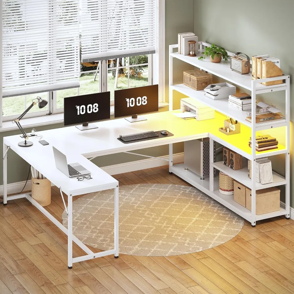 L-shaped computer desk, 63 inch foldable office desk or corner table with storage rack, white gaming table with LED lights
L-shaped computer desk, 63 inch foldable office desk or corner table with storage rack, white gaming table with LED lights
