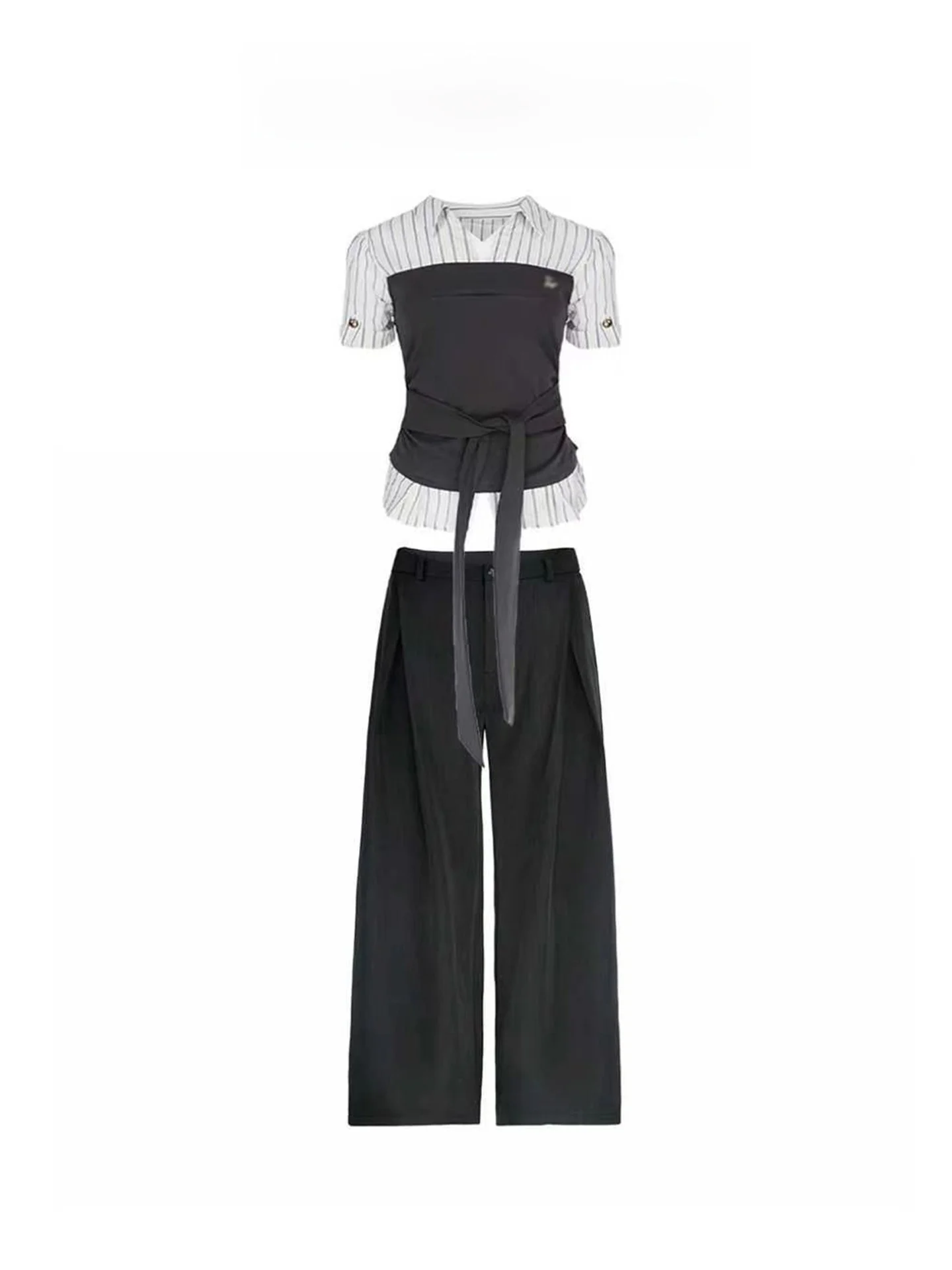 Korean Style Summer Women's Fashion Set High Waist Striped Tie Top Short Sleeve Shirt And Pants Casual Work Outfit
Korean Style Summer Women's Fashion Set High Waist Striped Tie Top Short Sleeve Shirt And Pants Casual Work Outfit