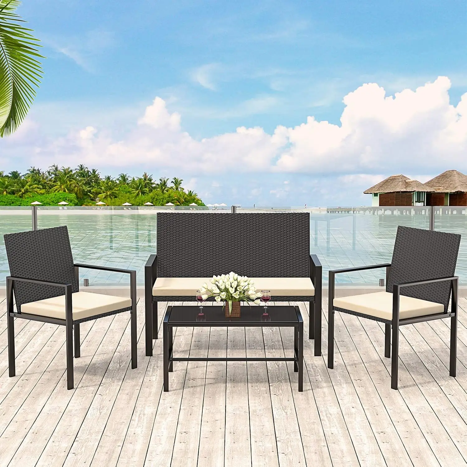 4-piece outdoor conversation furniture set, rattan chairs and sofas, tempered glass table with cushion
4-piece outdoor conversation furniture set, rattan chairs and sofas, tempered glass table with cushion