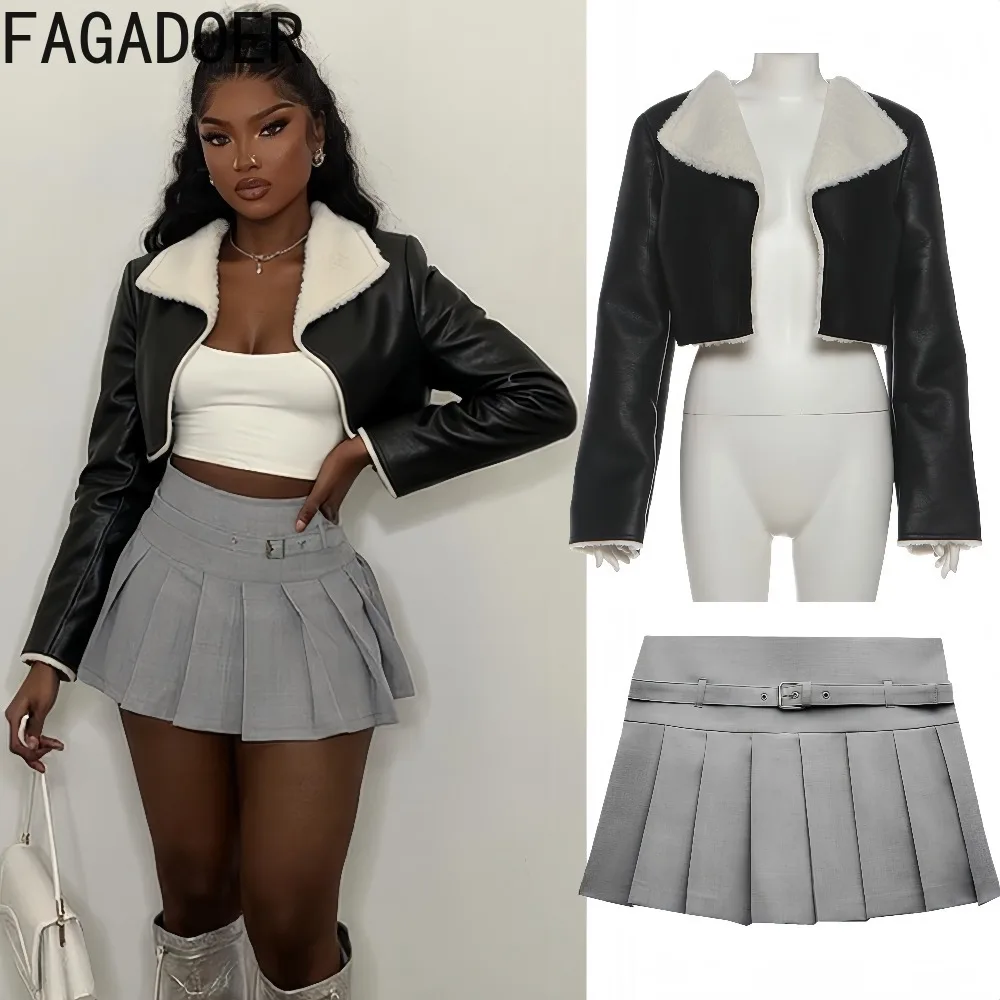 FAGADOER Fashion Leather Patchwork 2 Pieces Set for Woman Solid Color Long Sleeve Crop Top+pleated Skirt Suits Female Streetwear
FAGADOER Fashion Leather Patchwork 2 Pieces Set for Woman Solid Color Long Sleeve Crop Top+pleated Skirt Suits Female Streetwear