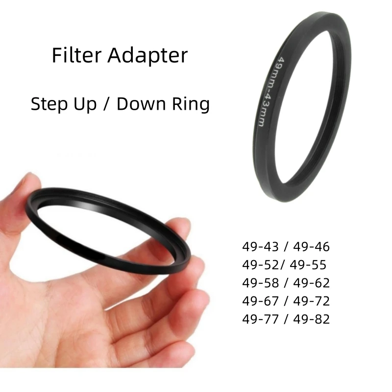 Filter Adapter Ring Step Up / Down Ring Metal 49 mm - 43 46 52 55 58 62 67 72 77 82mm for Canon Nikon Sony DSLR Camera Lens
Filter Adapter Ring Step Up / Down Ring Metal 49 mm - 43 46 52 55 58 62 67 72 77 82mm for Canon Nikon Sony DSLR Camera Lens