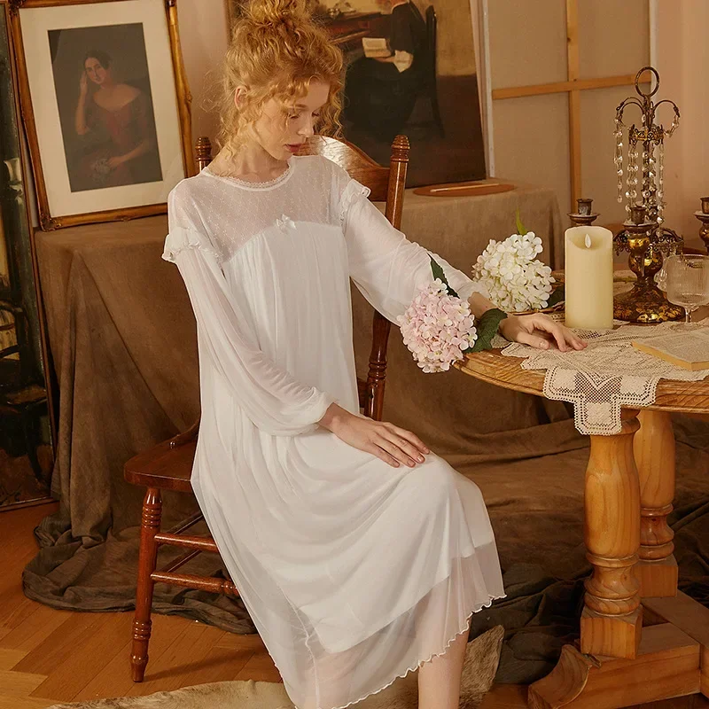 White Long Nightwear Mesh Women Full Sleeve Nightgown Round Neck Vintage Sleepwear Victorian Lace Sexy Nightdress Sweet Peignoir
White Long Nightwear Mesh Women Full Sleeve Nightgown Round Neck Vintage Sleepwear Victorian Lace Sexy Nightdress Sweet Peignoir