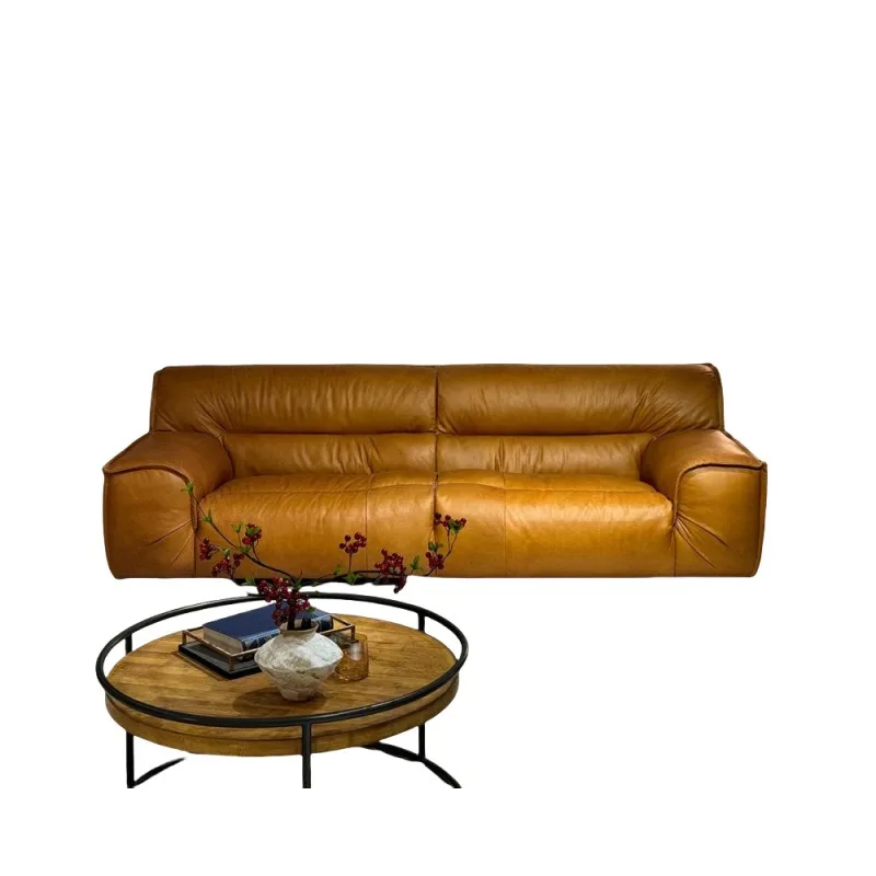 Retro niche designer straight row three-person oil wax leather living room sofa
Retro niche designer straight row three-person oil wax leather living room sofa
