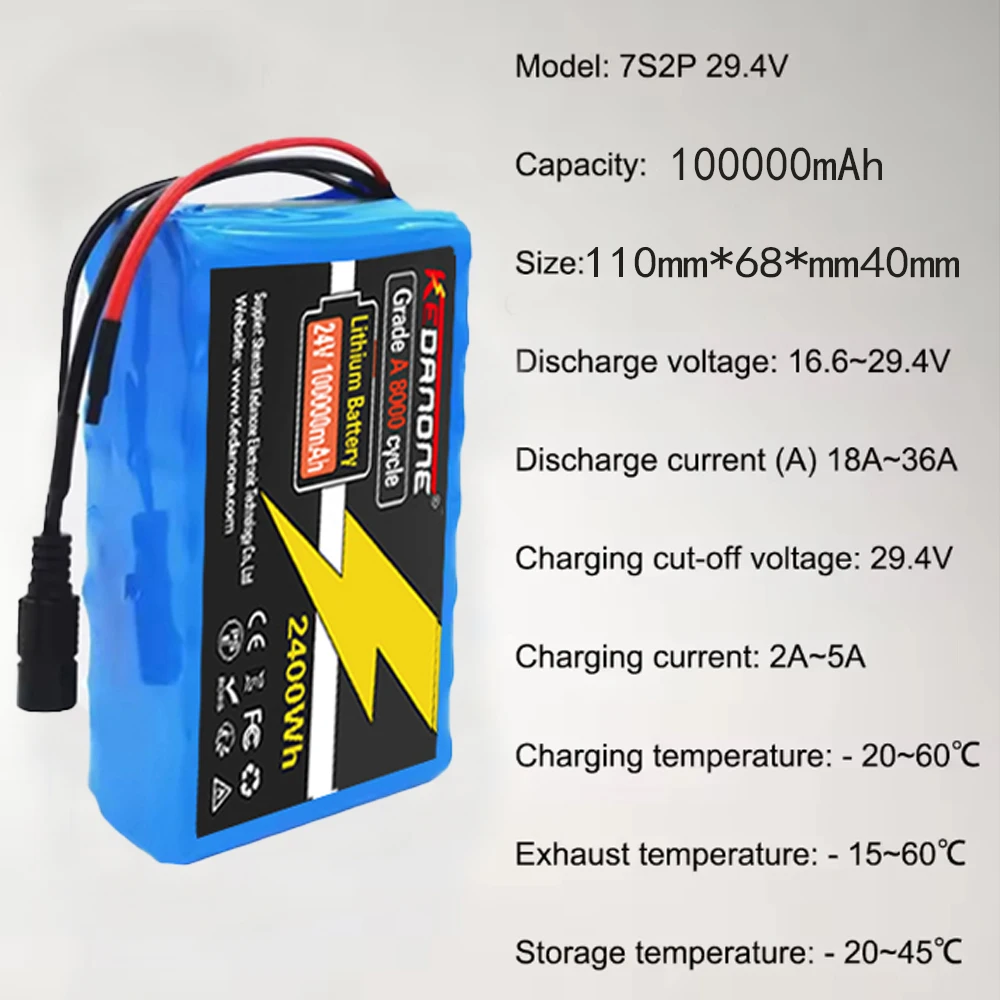 100000mAh 18650 7S2P Li-ion Rechargeable Battery Pack 25.2V Suitable for Battery Replacement of 29.4V Electric Scooters
100000mAh 18650 7S2P Li-ion Rechargeable Battery Pack 25.2V Suitable for Battery Replacement of 29.4V Electric Scooters